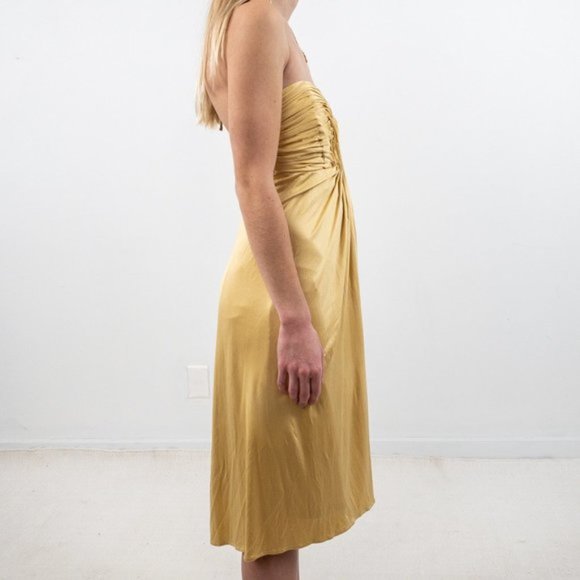 Anthro Y2K XS Silk Ruched Goddess Mini Dress Gold - Picture 3 of 8